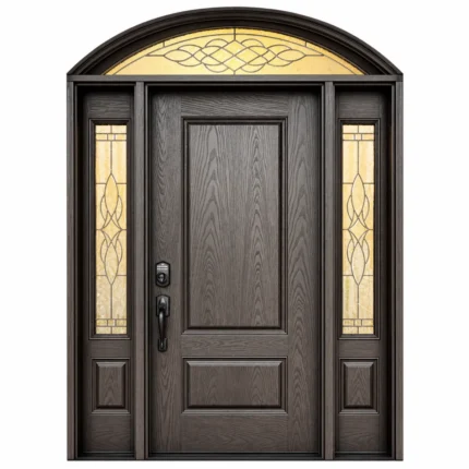 F55 fiberglass entry door with sidelites and arched decorative glass