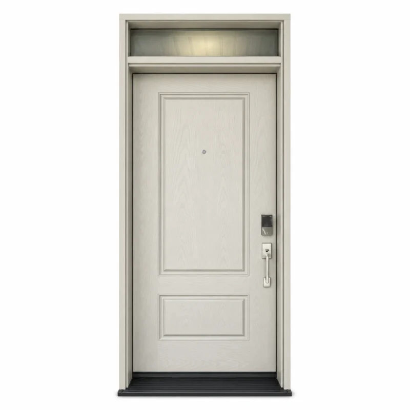 F51 fiberglass entry door with classic raised panels and top transom window
