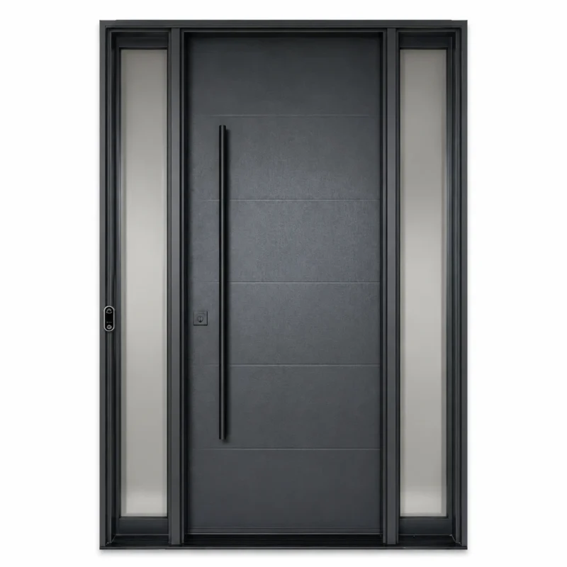 F50 fiberglass entry door with modern horizontal panels and double sidelites