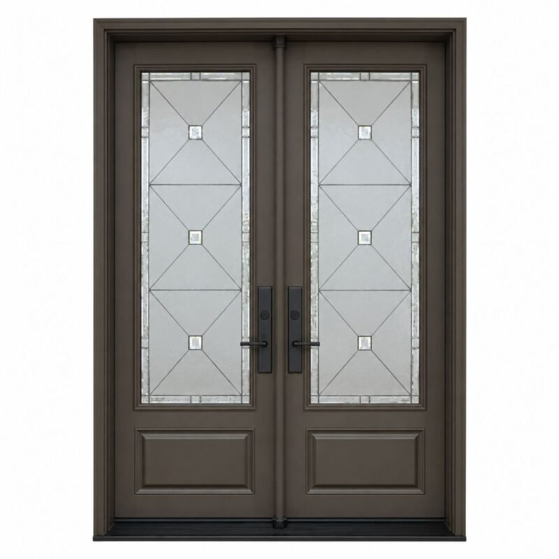 F49 fiberglass double entry door with decorative glass and raised lower panels
