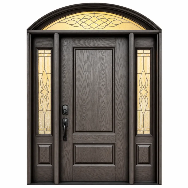 F55 fiberglass entry door with sidelites and arched decorative glass
