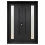 F44 fiberglass double entry door with slim vertical glass inserts and long pull handles