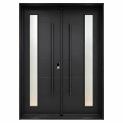 F44 fiberglass double entry door with slim vertical glass inserts and long pull handles