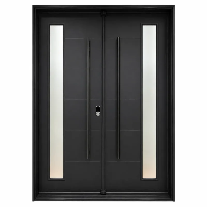 F44 fiberglass double entry door with slim vertical glass inserts and long pull handles