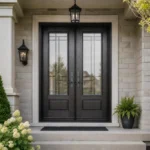 Model F54 modern fiberglass double entry door installed on a brick home in the GTA.