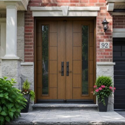 F48 fiberglass double entry door with narrow glass inserts installed on a Canadian home entrance