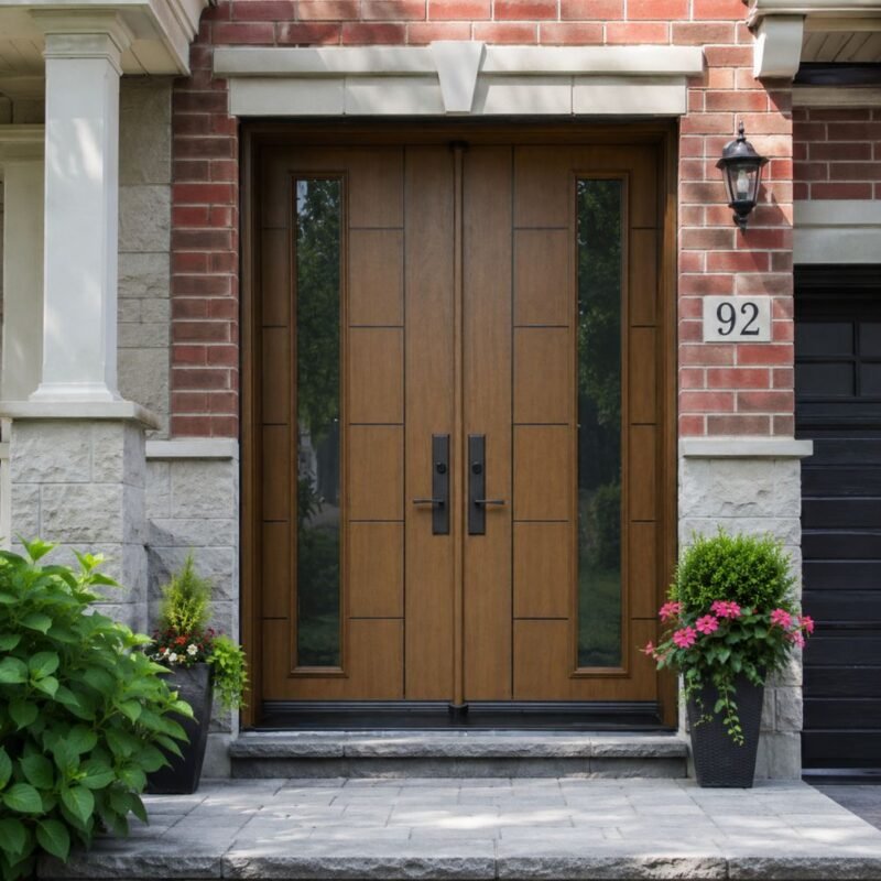 F48 fiberglass double entry door with narrow glass inserts installed on a Canadian home entrance