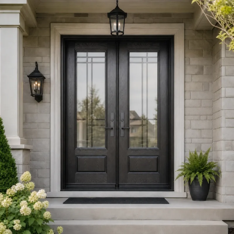 Model F54 modern fiberglass double entry door installed on a brick home in the GTA.