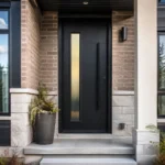 F43 fiberglass entry door with slim vertical glass insert and long pull handle