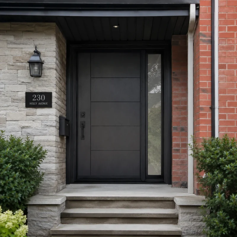 F42 modern fiberglass entry door with right sidelite installed on a Canadian home entrance