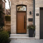 F41 modern fiberglass entry door with arched transom installed on a Canadian home entrance