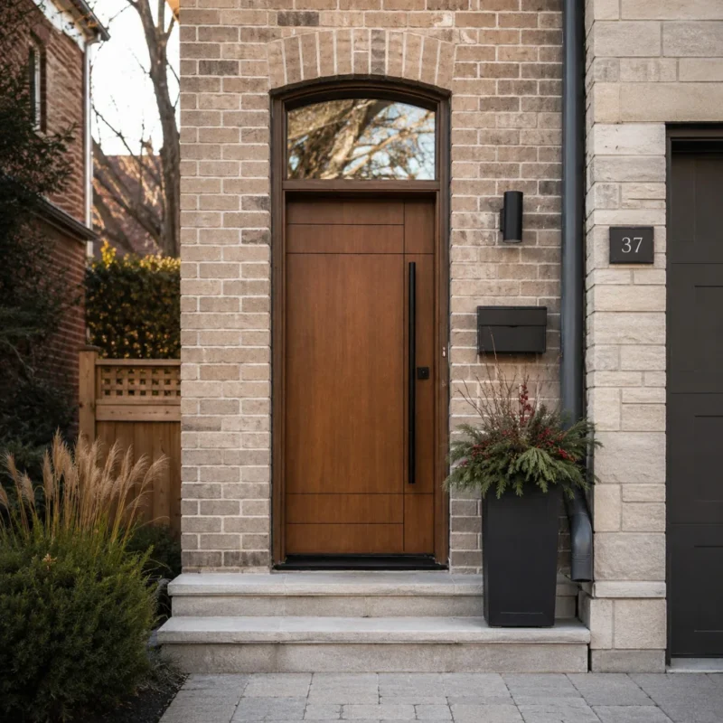 F41 modern fiberglass entry door with arched transom installed on a Canadian home entrance