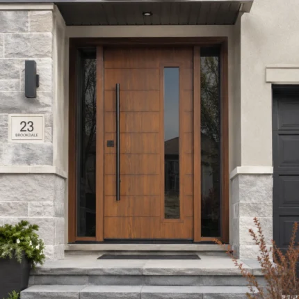 F39 modern fiberglass entry door with sidelites installed on a Canadian home entrance
