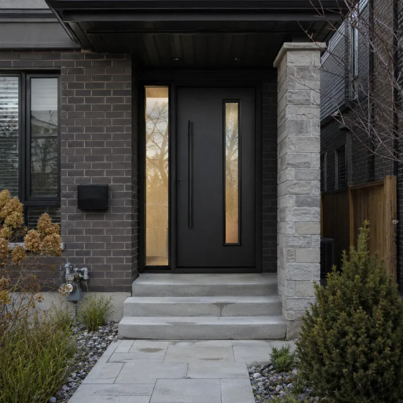 F36 modern fiberglass entry door with left sidelite installed on a Canadian home entrance