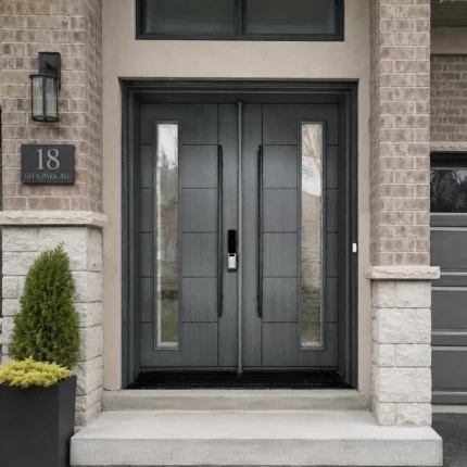 F35 modern fiberglass double entry door installed on a Canadian home entrance