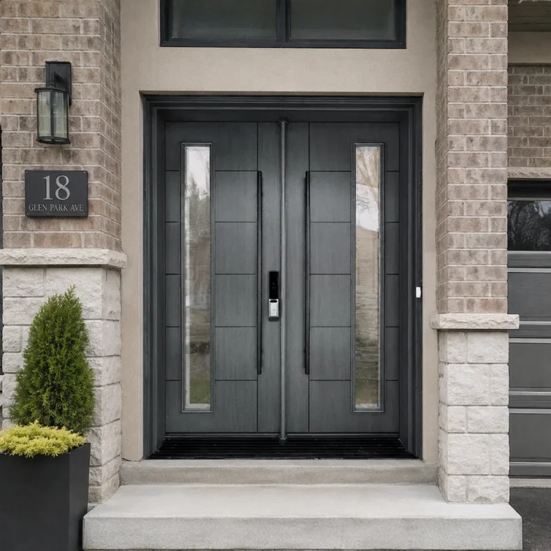 F35 modern fiberglass double entry door installed on a Canadian home entrance