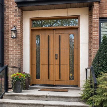 F47 fiberglass double entry door with transom installed on a Canadian home entrance