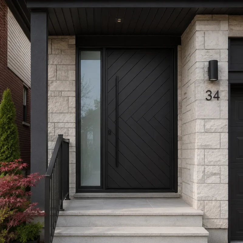 F34 modern fiberglass entry door with left sidelite installed on a Canadian home entrance