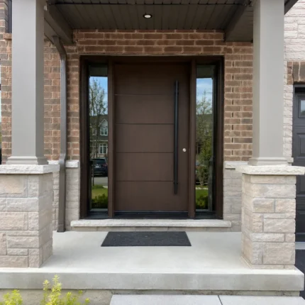 F33 modern fiberglass entry door with double sidelites installed on a Canadian home entrance