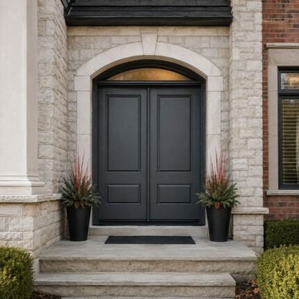 F46 fiberglass double entry door with arched transom installed on a Canadian home entrance