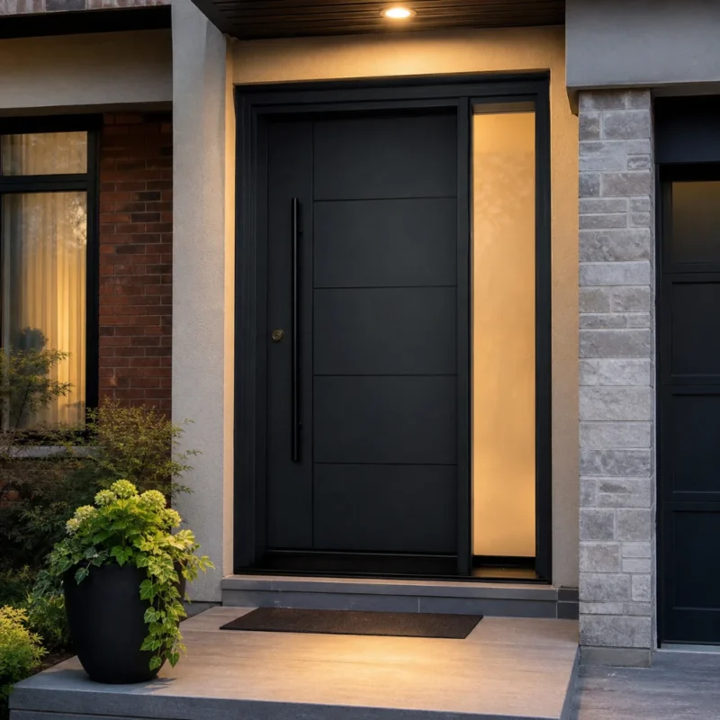 F52 modern fiberglass entry door with sidelite installed on a Canadian home entrance
