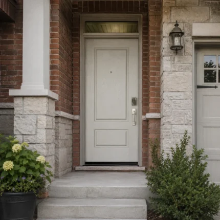 F51 fiberglass entry door with transom installed on a Canadian home entrance