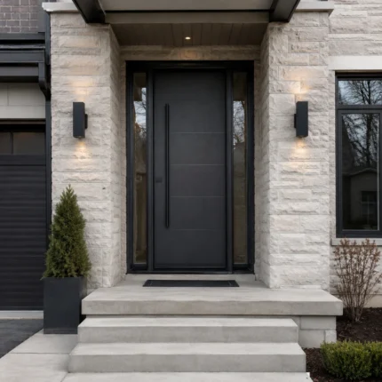 F50 modern fiberglass entry door with double sidelites installed on a Canadian home entrance
