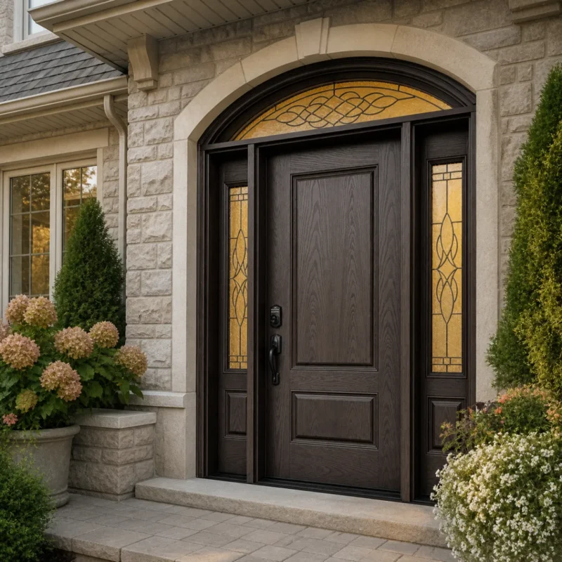 Decorative glass sidelite detail on F55 fiberglass entry door