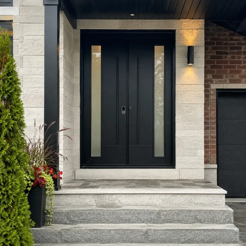 F44 modern fiberglass double entry door installed on a Canadian home entrance
