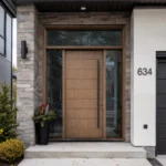 F37 modern fiberglass entry door with sidelites and transom installed on a Canadian home entrance