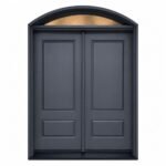 F46 fiberglass double entry door with raised panels and arched transom