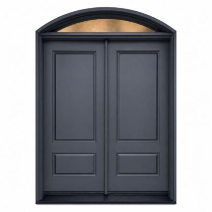 F46 fiberglass double entry door with raised panels and arched transom