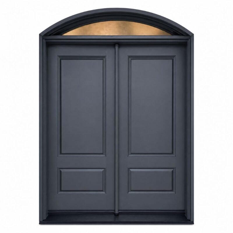 F46 fiberglass double entry door with raised panels and arched transom