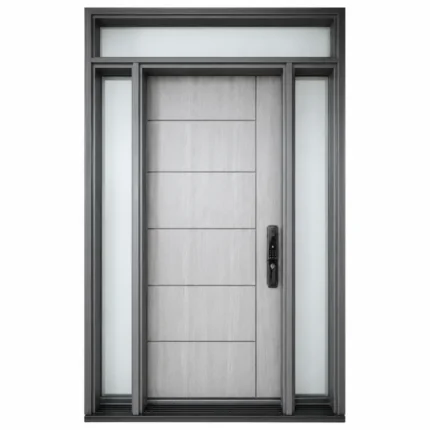 F45 fiberglass entry door with double sidelites and top transom window