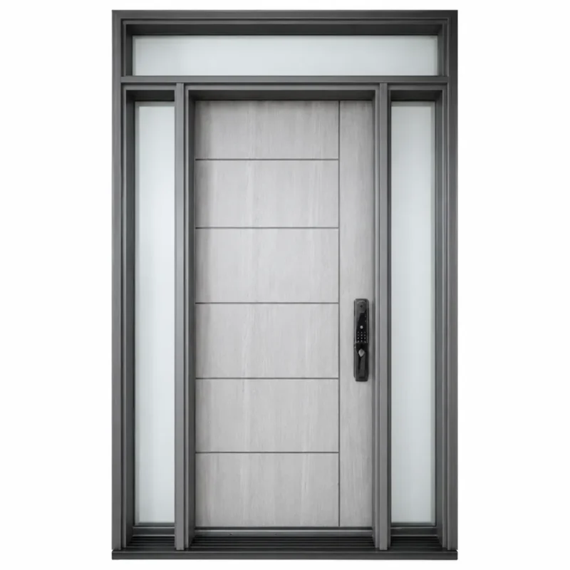 F45 fiberglass entry door with double sidelites and top transom window