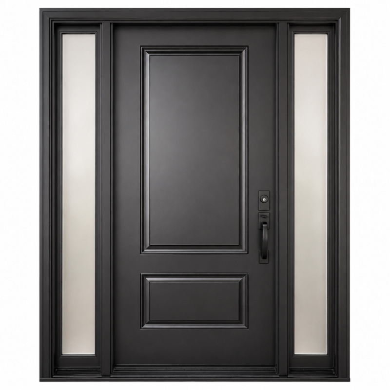 S63 steel entry door with double sidelites and raised panel design