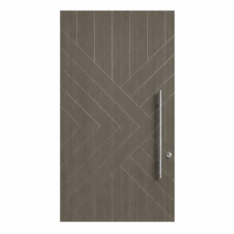HFB04 high-end custom fiberglass entry door with grey wood grain and geometric chevron design
