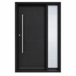 F23 fiberglass entry door with right sidelite and long metal pull handle