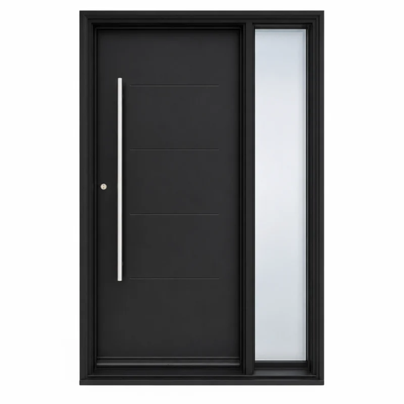 F23 fiberglass entry door with right sidelite and long metal pull handle