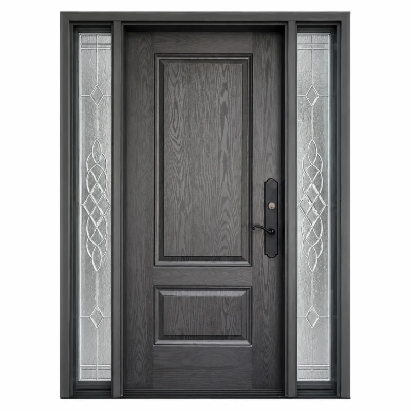 F22 fiberglass entry door with decorative double sidelites and raised panel design