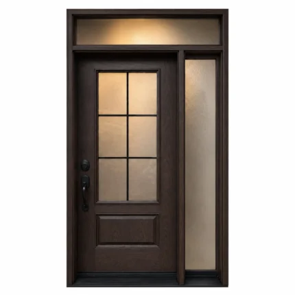 F18 fiberglass entry door with glass insert right sidelite and transom