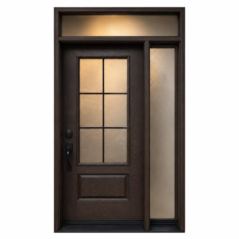 F18 fiberglass entry door with glass insert right sidelite and transom