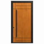 F17 fiberglass entry door with woodgrain finish and long pull handle