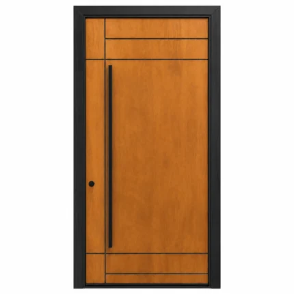 F17 fiberglass entry door with woodgrain finish and long pull handle