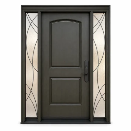 F14 fiberglass entry door with decorative double sidelites and raised panel design
