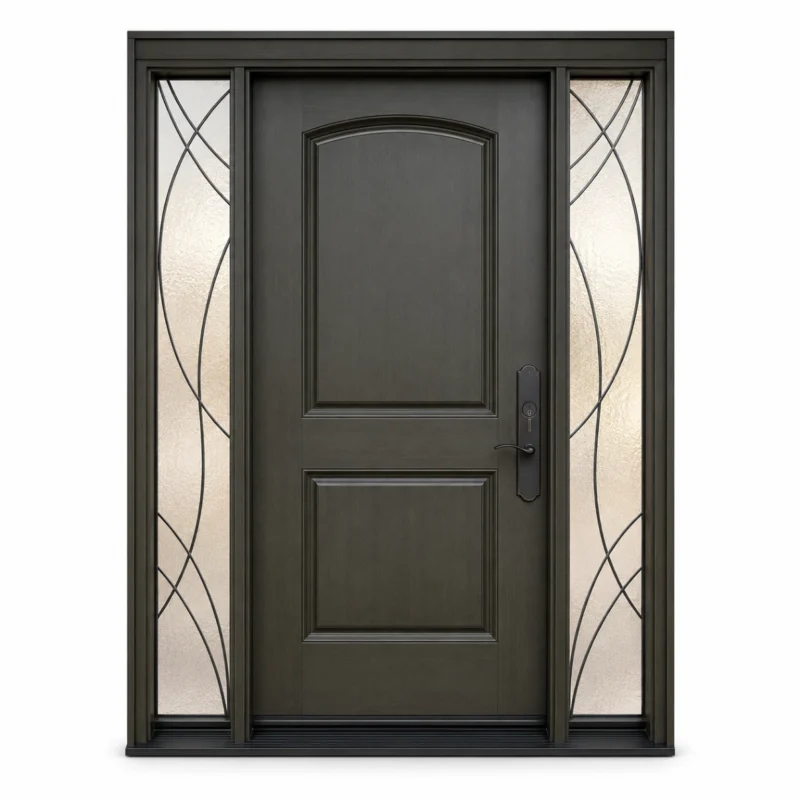 F14 fiberglass entry door with decorative double sidelites and raised panel design