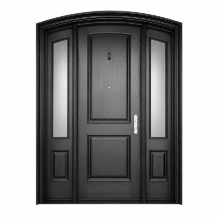 F12 fiberglass entry door with arched frame and double sidelites