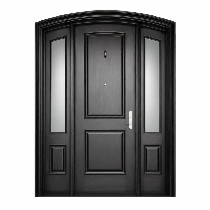 F12 fiberglass entry door with arched frame and double sidelites