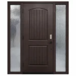 F21 fiberglass entry door with double sidelites and arched panel design