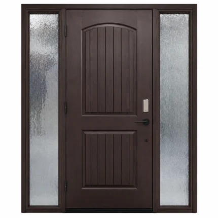 F21 fiberglass entry door with double sidelites and arched panel design